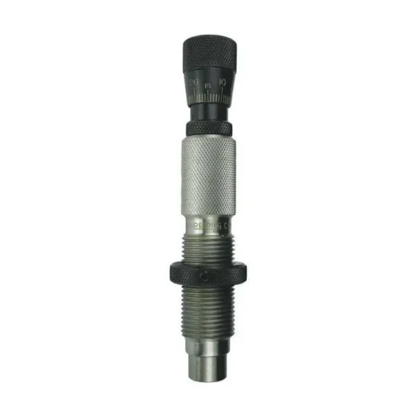 Redding Competition Bushing Neck Die, upright silver die with black adjustment knob