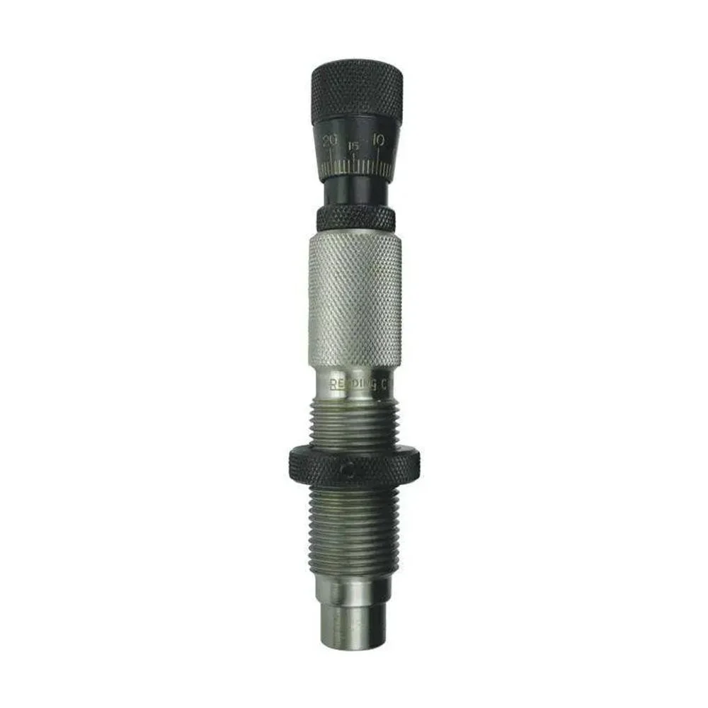 competition-bushing-neck-die-308-win-primary Redding Competition Bushing Neck Die, upright silver die with black adjustment knob