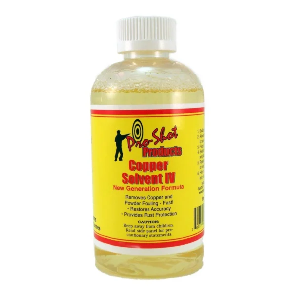 Pro-Shot Copper Solvent IV, front view of clear bottle with white cap and yellow label