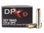 CORBON DPX, black ammunition box with three copper-tipped cartridges