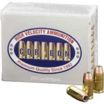 CORBON 380 ACP 90GR JHP silver ammunition box with three brass cartridges