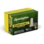 Remington Core-Lokt Handgun Ammunition, green and yellow box in angled front view
