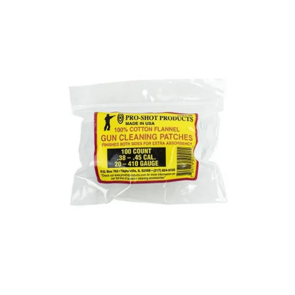 Pro-Shot 100% Cotton Flannel Patches in clear plastic package, front view