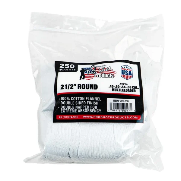 Pro-Shot 2 1/2-inch Cotton Patches, clear bag of white round patches with product label