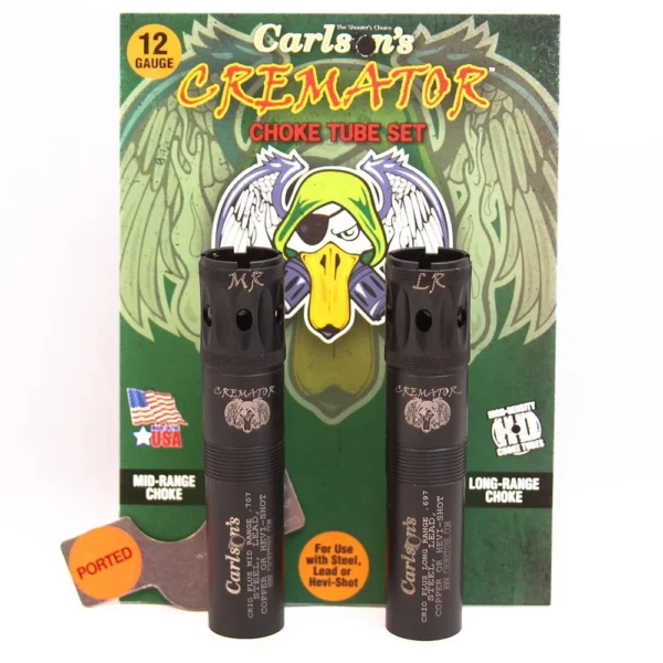Carlson's Cremator Waterfowl Mid and Long Range Ported Choke Tube, two black tubes in packaging