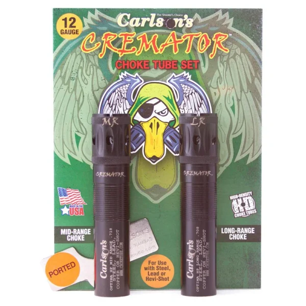 Carlson's Cremator Waterfowl choke tubes, two black ported tubes in green retail packaging