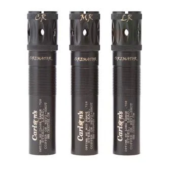 Carlson's Cremator Waterfowl Mid Range Ported Choke Tube, three black threaded tubes upright