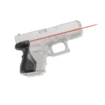 Crimson Trace Semi-Automatic Lasergrip, black grip on pistol with red laser beam, left-side view