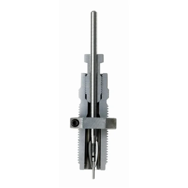 Hornady Custom Grade Series III Full Length Die Only, silver metal top view with threaded stem
