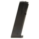 ProMag CZ-75 Magazine, angled side view of black metal magazine with base plate