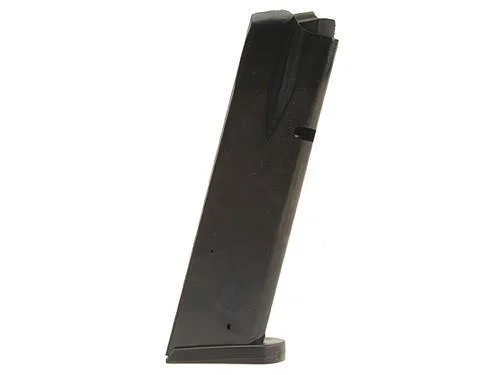 ProMag CZ-75 Magazine, angled side view of black metal magazine with base plate