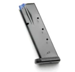 CZ MAGAZINE CZ 75 COMPACT, black metal magazine in angled side view with blue follower