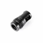 Dead Air Xemax Muzzle Brake, black angled view with threaded end and side ports