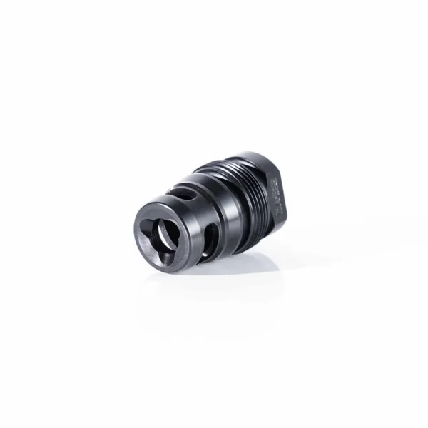 DEAD AIR XENO WEE BRAKE, black angled front view with threaded exterior and circular ports