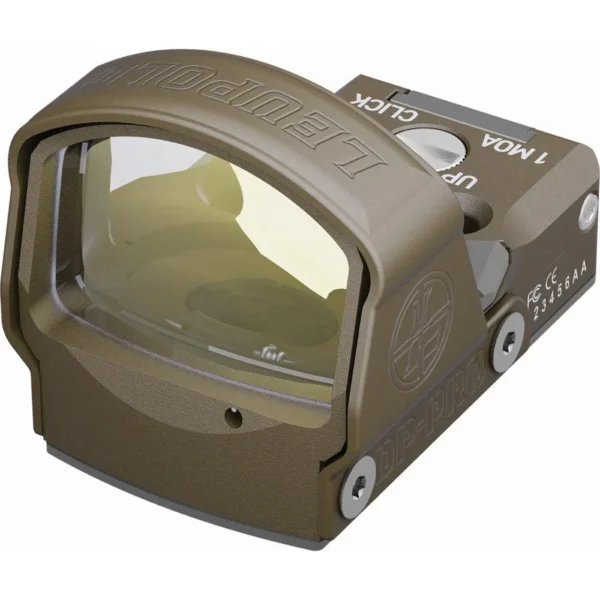 Leupold DeltaPoint Pro reflex sight, dark earth finish in angled front view with glass lens