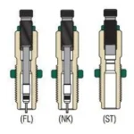 Redding Deluxe Die Set for Bottleneck Cases, three cutaway die diagrams labeled FL, NK and ST