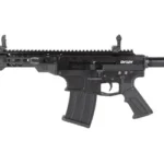 DERYA DY12Y black firearm with magazine, ventilated handguard and sights, right-side view