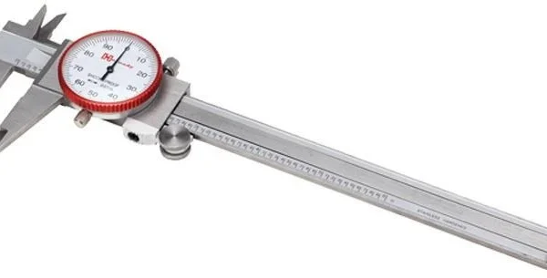 Hornady Dial Caliper, angled top view of silver caliper with white dial