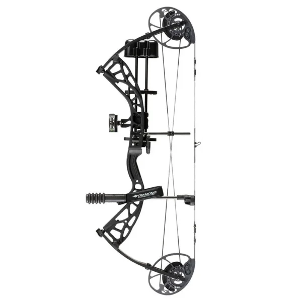 Diamond Archery Edge Max Bow LH, black full side view with cams, cables and sight