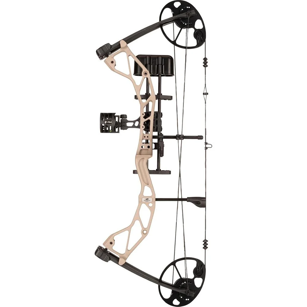 diamond-archery-radian-305-fps-primary-1 Diamond Archery Radian Compound Bow, right-side view in sandstone with black cams, sight and quiver