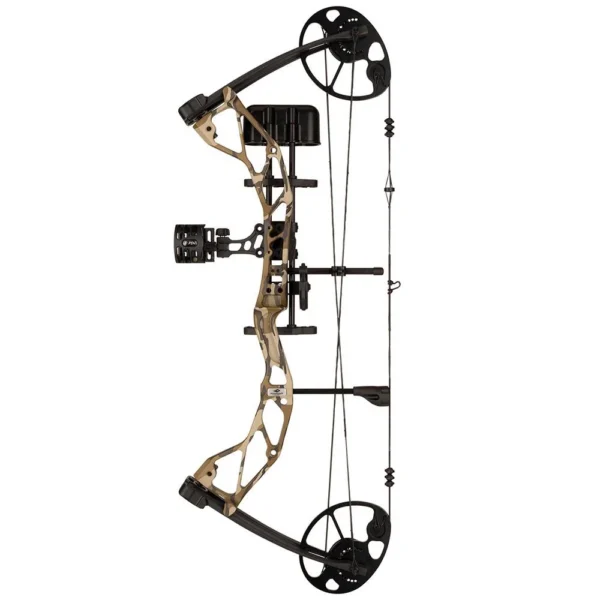Diamond Archery Radian Compound Bow, right-side view in Mossy Oak Bottomland with sight and quiver