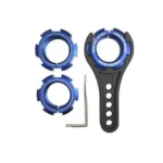 AOB Frankford Arsenal Dielocker blue die lock rings with black wrench and hex key, top view