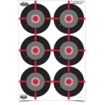 Birchwood Casey Dirty Bird splatter target with six black, gray and red bull's-eyes