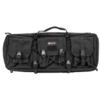 G-Outdoors Double Rifle Case, black front view with handle, pockets and buckle straps