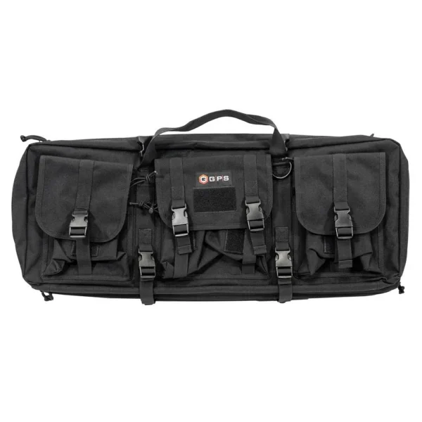 G-Outdoors Double Rifle Case, black front view with handle, pockets and buckle straps