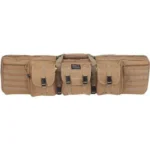 Bulldog Double Tactical Rifle Case, tan front view with three exterior pouches and carry handles