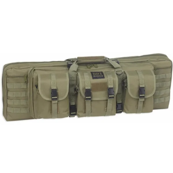 Bulldog Double Tactical Rifle Case, green side view with carry handles and three front pouches