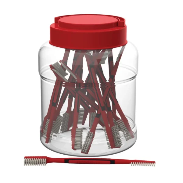 Birchwood Casey Dual Nylon Brushes, red brushes in clear plastic tub with red lid