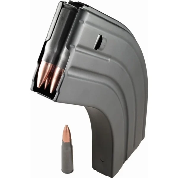C Products Defense Inc. DuraMag AR-15 black curved magazine with visible cartridges, angled view