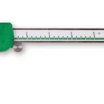 RCBS Electronic Digital Caliper, silver and green side view with digital display and open jaws
