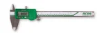 RCBS Electronic Digital Caliper, silver and green side view with digital display and open jaws
