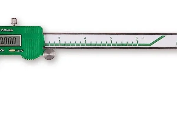 RCBS Electronic Digital Caliper, silver and green side view with digital display and open jaws