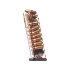 Elite Tactical Systems S&W M&P Handgun Magazine clear magazine with visible cartridges, angled view