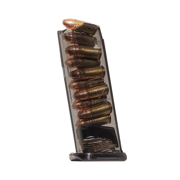 Elite Tactical Systems Carbon Smoke Handgun Magazine, side view of translucent magazine with cartridges