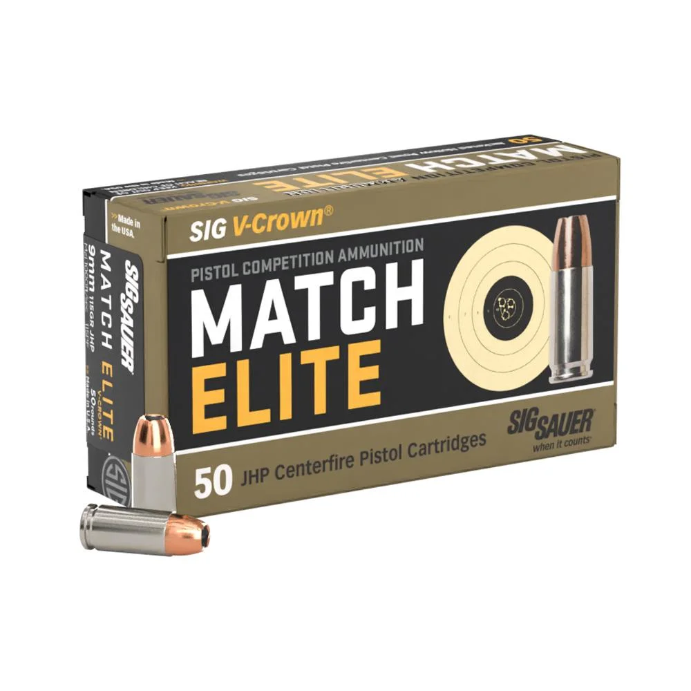 elite-v-crown-9mm-luger-competition-ammo-primary Sig Sauer Elite V-Crown Competition ammunition, black and gold box with one cartridge