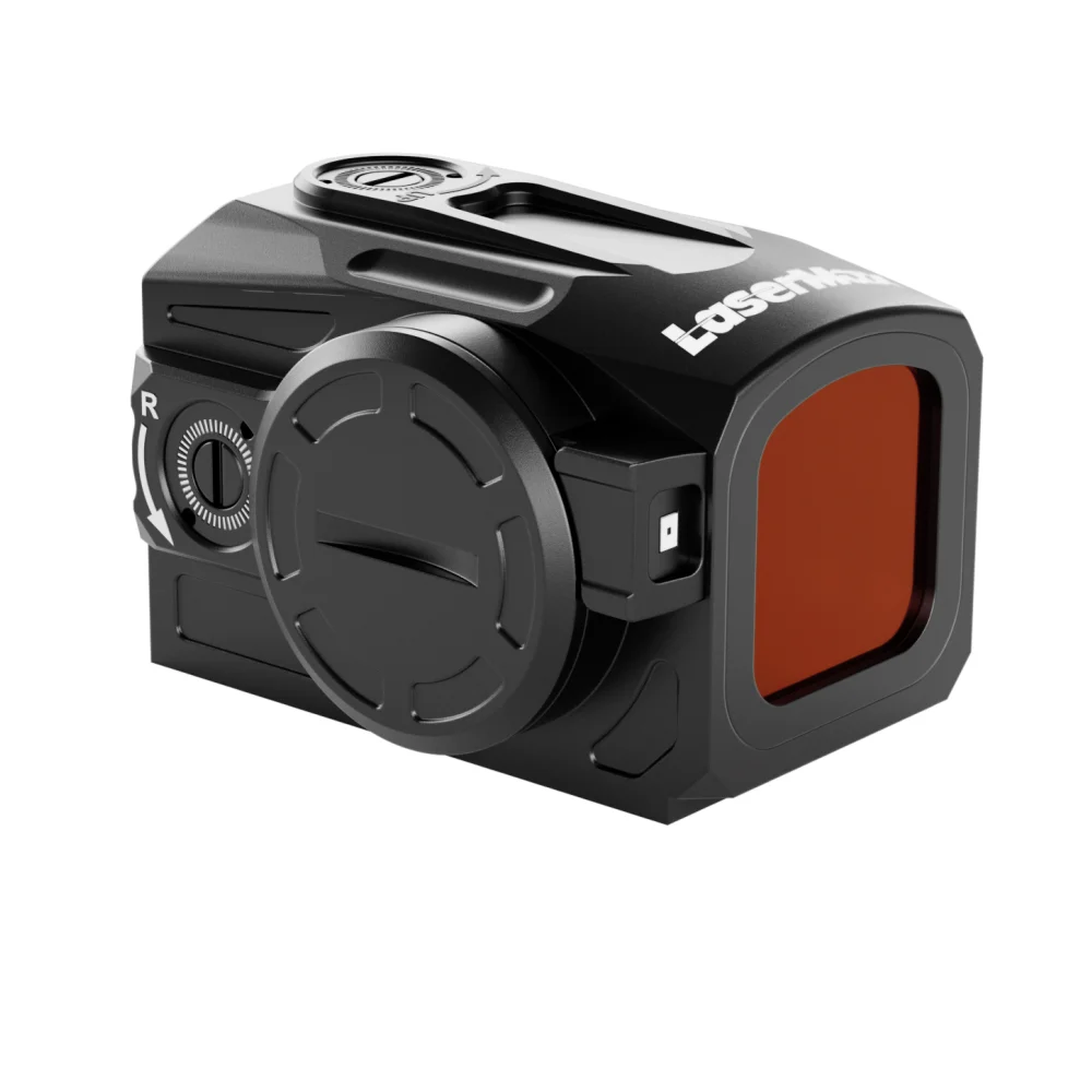 enclosed-red-dot-sight-black-primary Lasermax Enclosed Red Dot Sight, black angled front view with red-tinted lens and side dial