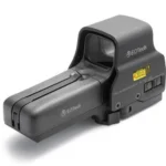 EOTech 518.A65 Holographc Weapon Sight, matte black three-quarter view with hood and control buttons