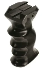 UTG NEW GEN CMBT FRGRP SYM CNTR BLK, black vertical grip with finger grooves, angled view