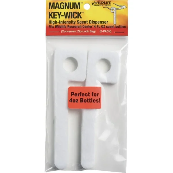 Wildlife Research Magnum Key-Wick, retail pack with two white hanging scent wicks