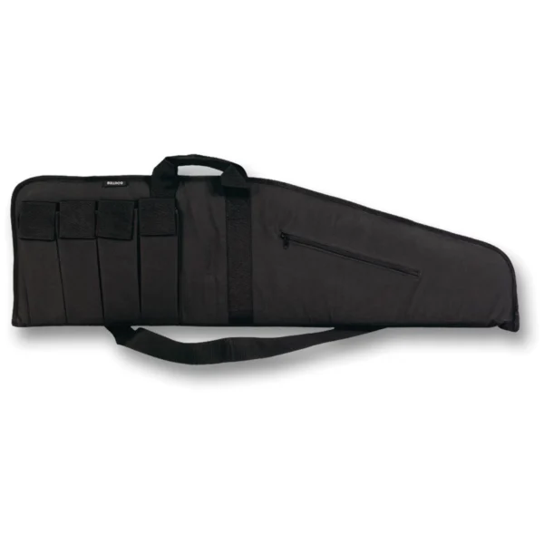 Bulldog Extreme Tactical Rifle Case, black side view with carry handle, strap and pockets