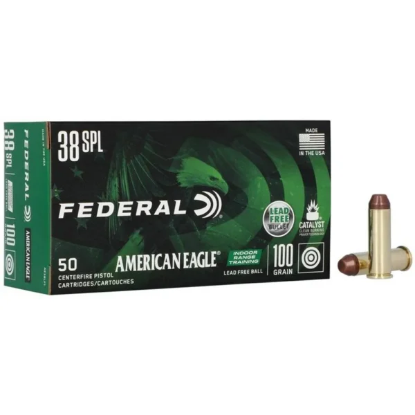 Federal American Eagle IRT Lead Free Handgun Ammunition, green box with two cartridges