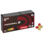 Federal American Eagle Syntech Handgun Ammunition, black and red box with two red-tipped cartridges