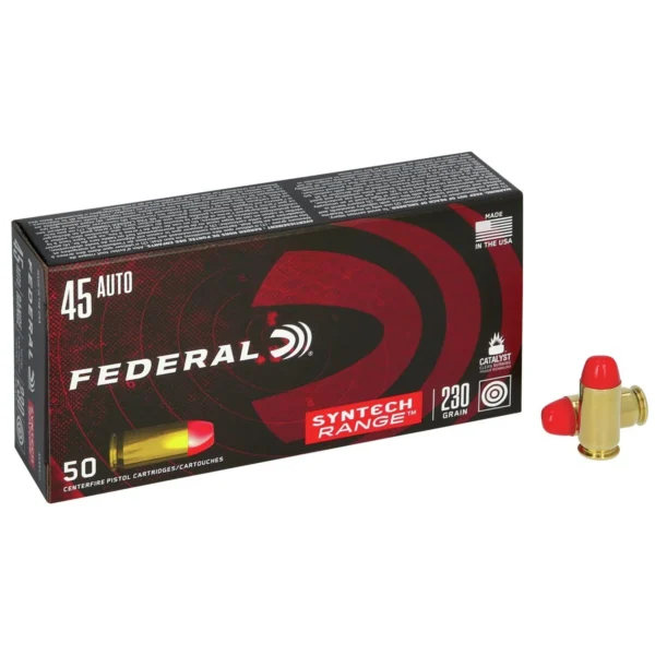 Federal American Eagle Syntech Handgun Ammunition, black and red box with two red-tipped cartridges
