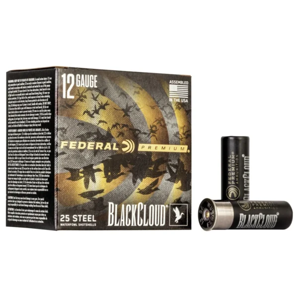Federal FED BLK CLOUD shotshell box with two black shells, front three-quarter view