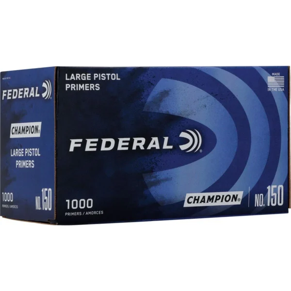 Federal Premium Champion Centerfire Primers Large Pistol, blue box in angled front view