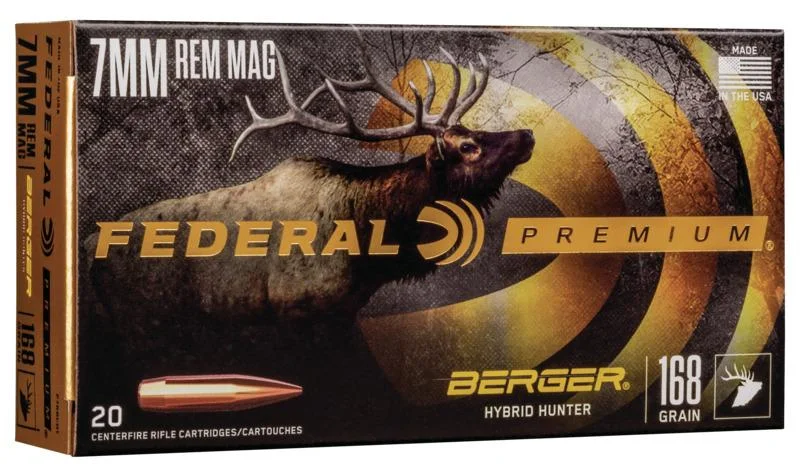 federal-classic-hunter-berger-hybrid-rifle-ammoiti-primary Federal Classic Hunter Berger Hybrid Rifle Ammunition, front view of brown elk-themed box